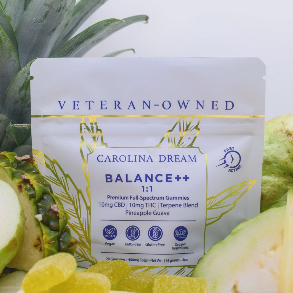 CAROLINA DREAM- BALANCE++ PINEAPPLE GUAVA GUMMIES- 10MG THC 10MG CBD- 20 COUNT