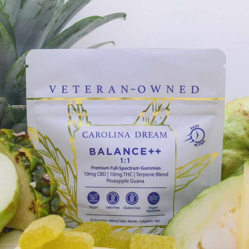 CAROLINA DREAM- BALANCE++ PINEAPPLE GUAVA GUMMIES- 10MG THC 10MG CBD- 20 COUNT