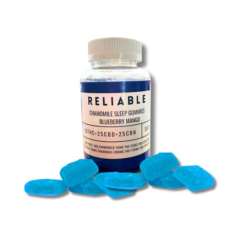 RELIABLE SLEEP GUMMIES- 30 COUNT JAR- BLUEBERRY MANGO-10MG THC -25MG- CBD 25MG CBN &amp; 2MG CHAMOMILE