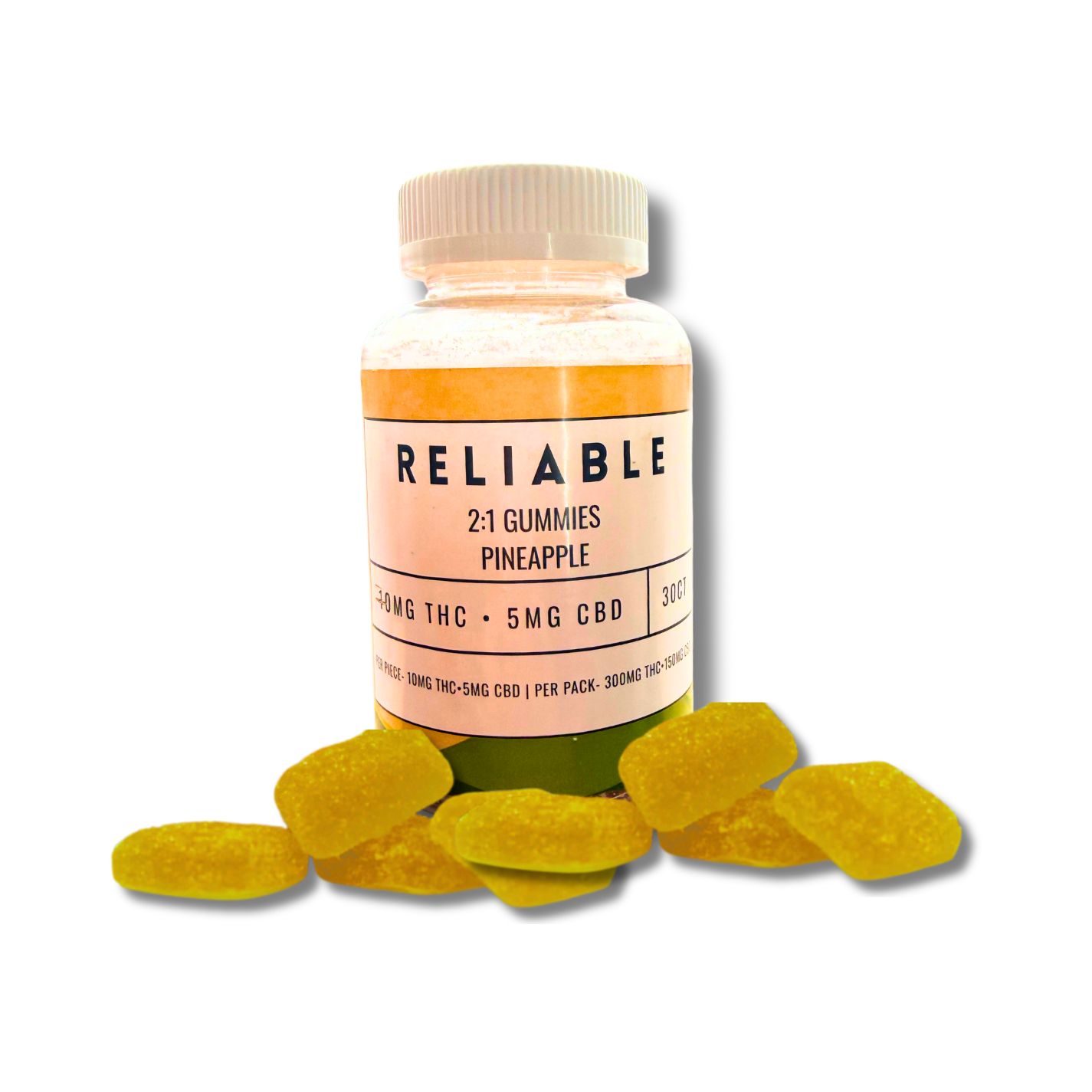 RELIABLE 2:1 GUMMIES- 30 COUNT JAR- PINEAPPLE- 10MG THC- 5MG CBD
