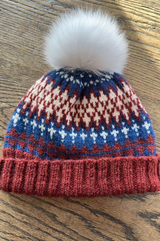 Hand Knit Hat Red White Blue