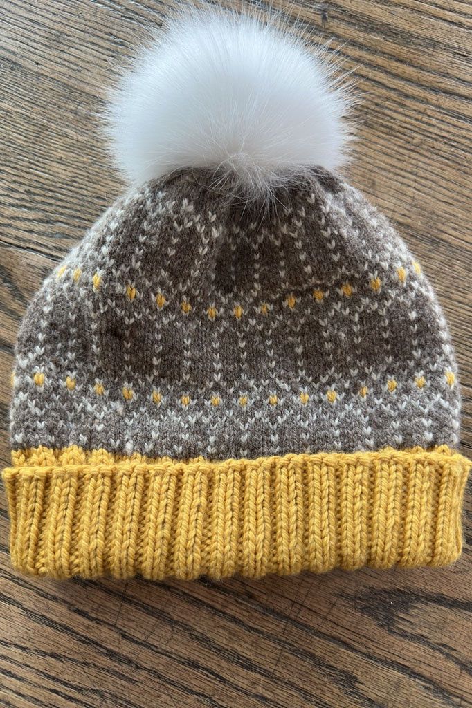 Hand Knit Hat Gold Natural White
