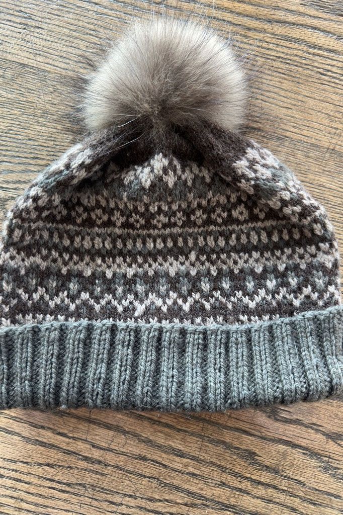 Hand Knit Hat Grey Brown White