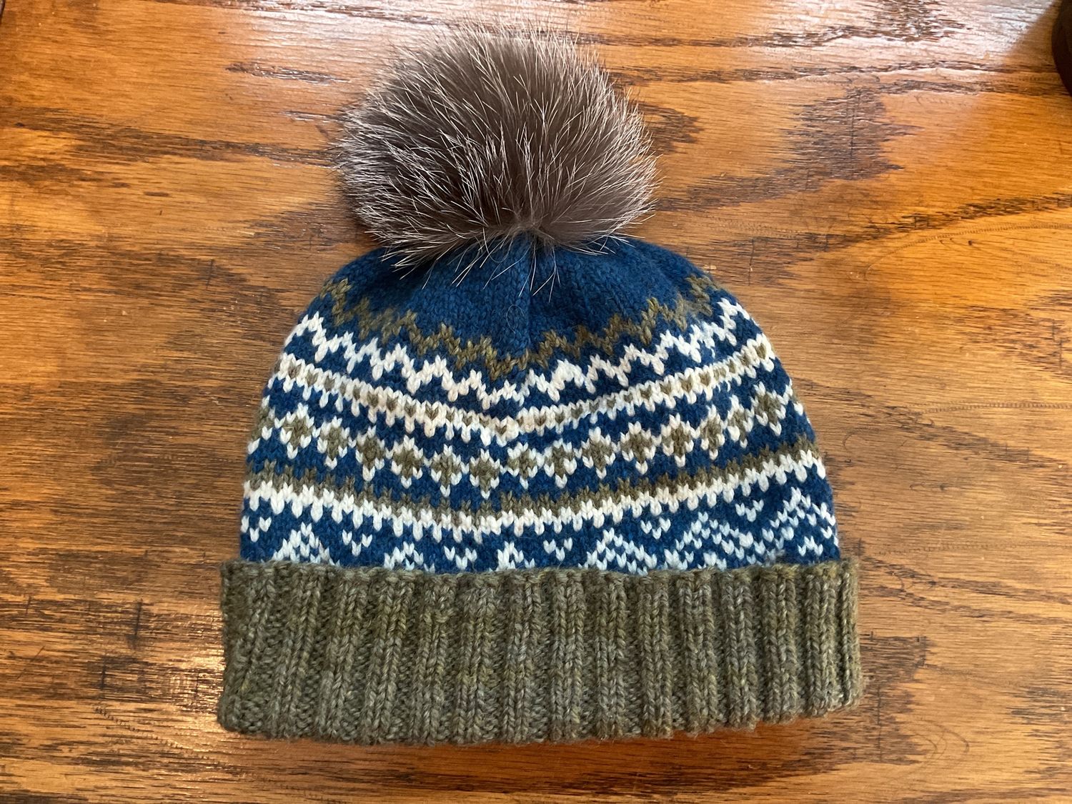 Hand Knit Hat Green, Blue, Gray