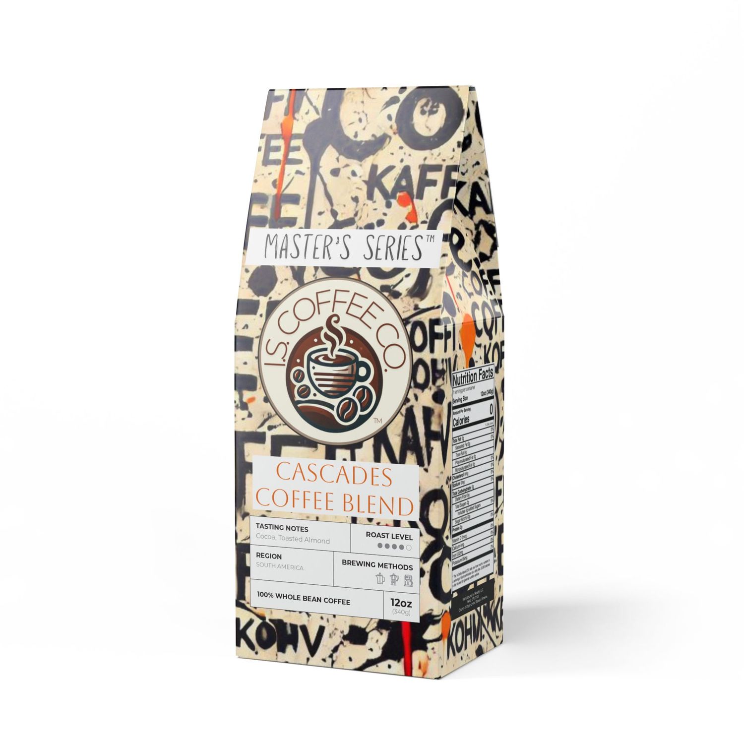 Package photo of I.S. Coffee Co. Master&#39;s Series Cascades Whole Bean Medium-Dark Roast Coffee