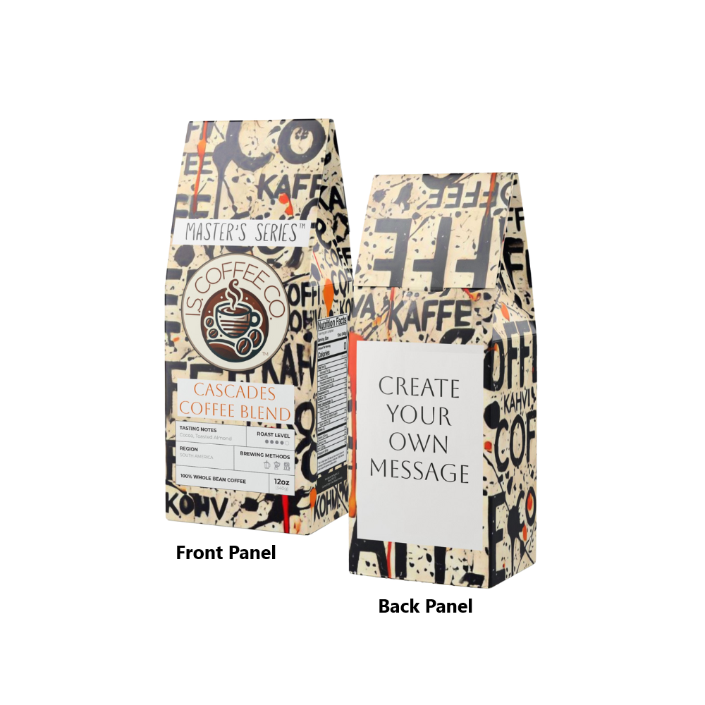 Package photo front and back of I.S. Coffee Co. Master&#39;s Series Cascades Coffee Blend