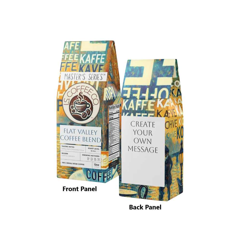Package photo front and back of I.S. Coffee Co. Master&#39;s Series Flathead Valley Coffee Blend