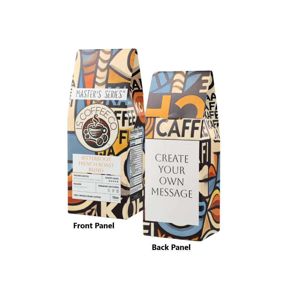 Package photo front and back of I.S. Coffee Co. Master&#39;s Series Bitterroot Coffee Blend