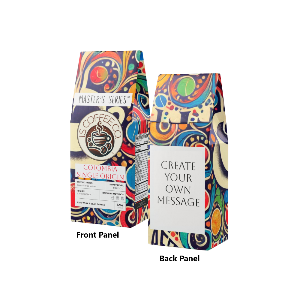 Package photo front and back of I.S. Coffee Co. Master&#39;s Series Colombia Single Origin Coffee