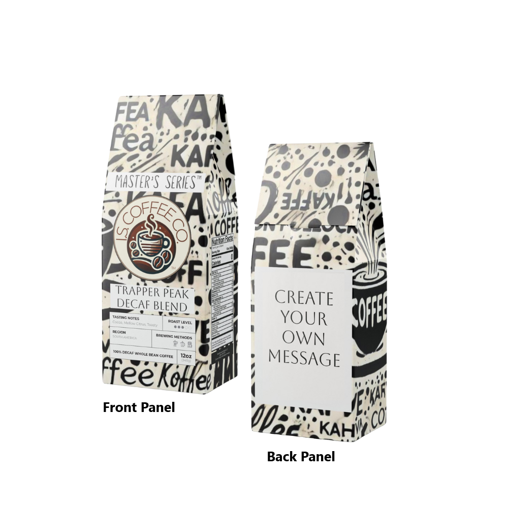 Package photo front and back of I.S. Coffee Co. Master&#39;s Series Trapper Peak Decaf Coffee Blend