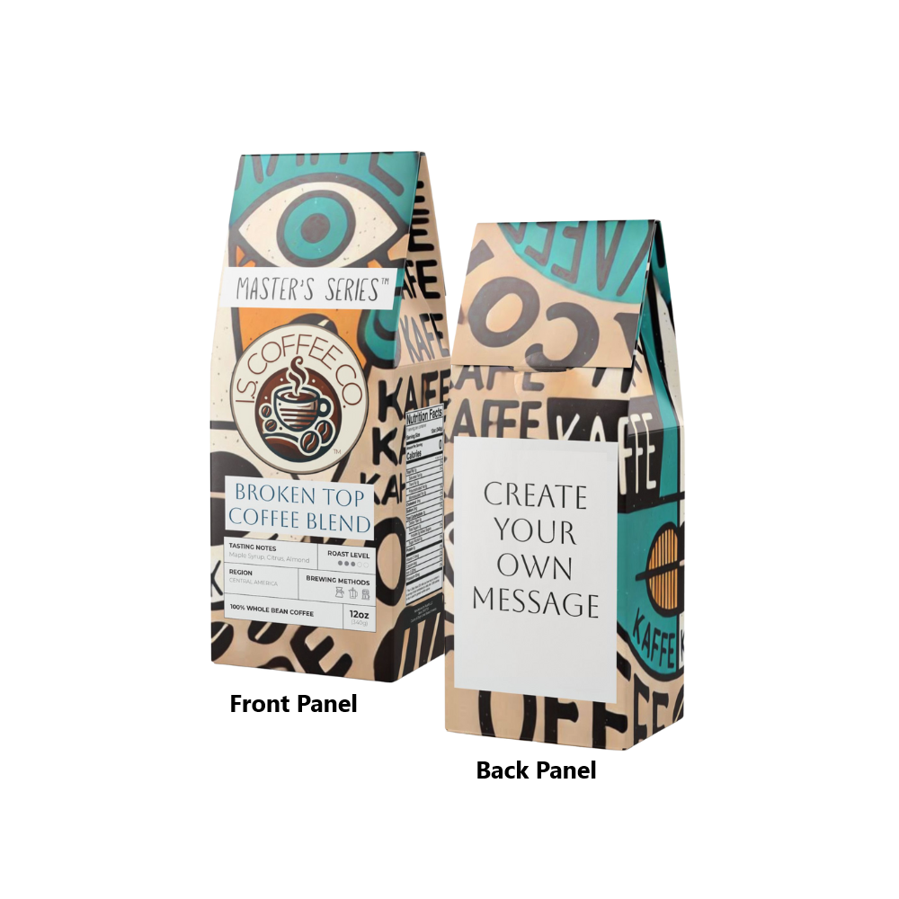 Package photo front and back of I.S. Coffee Co. Master&#39;s Series Broken Top Coffee Blend