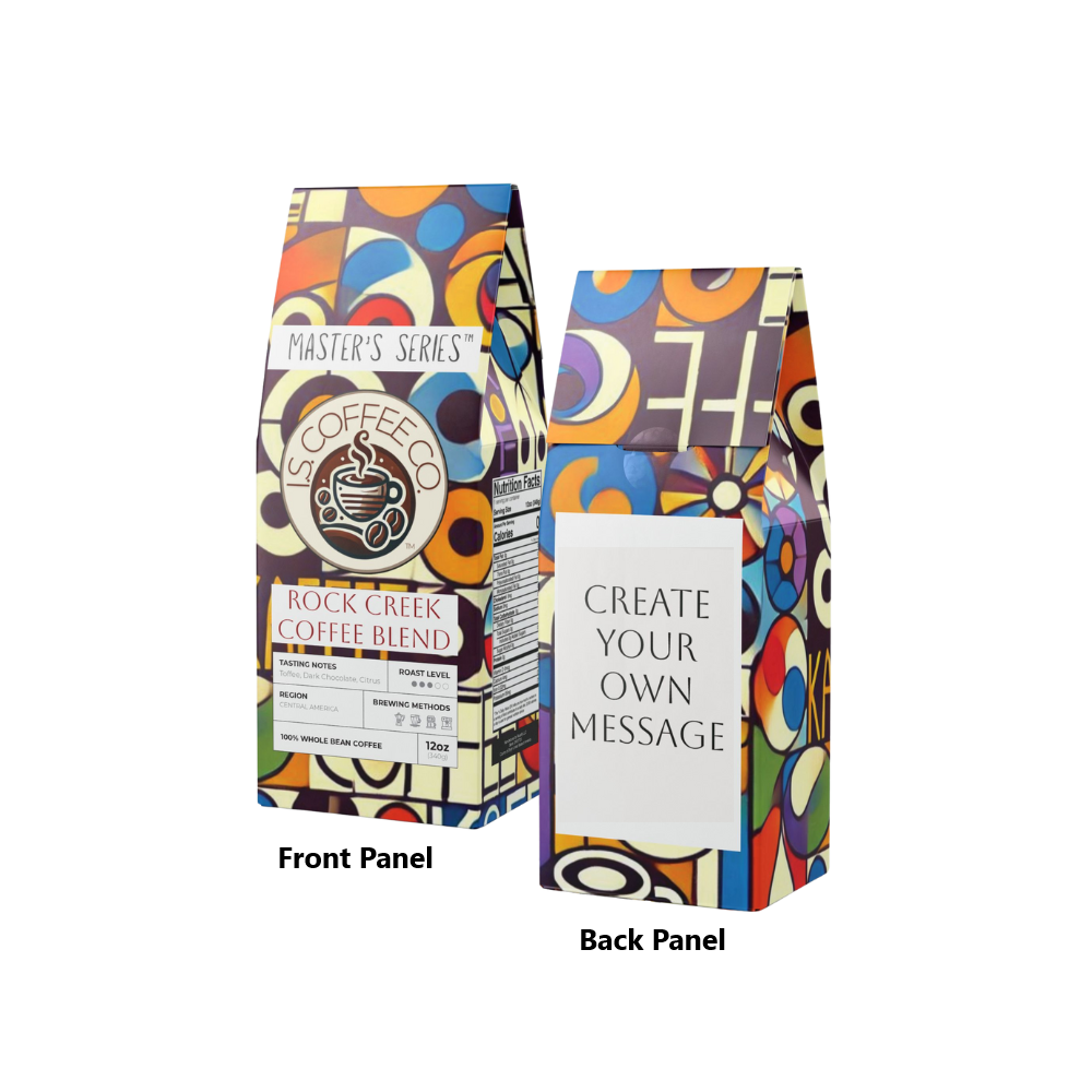 Package photo front and back of I.S. Coffee Co. Master&#39;s Series Rock Creek Coffee Blend