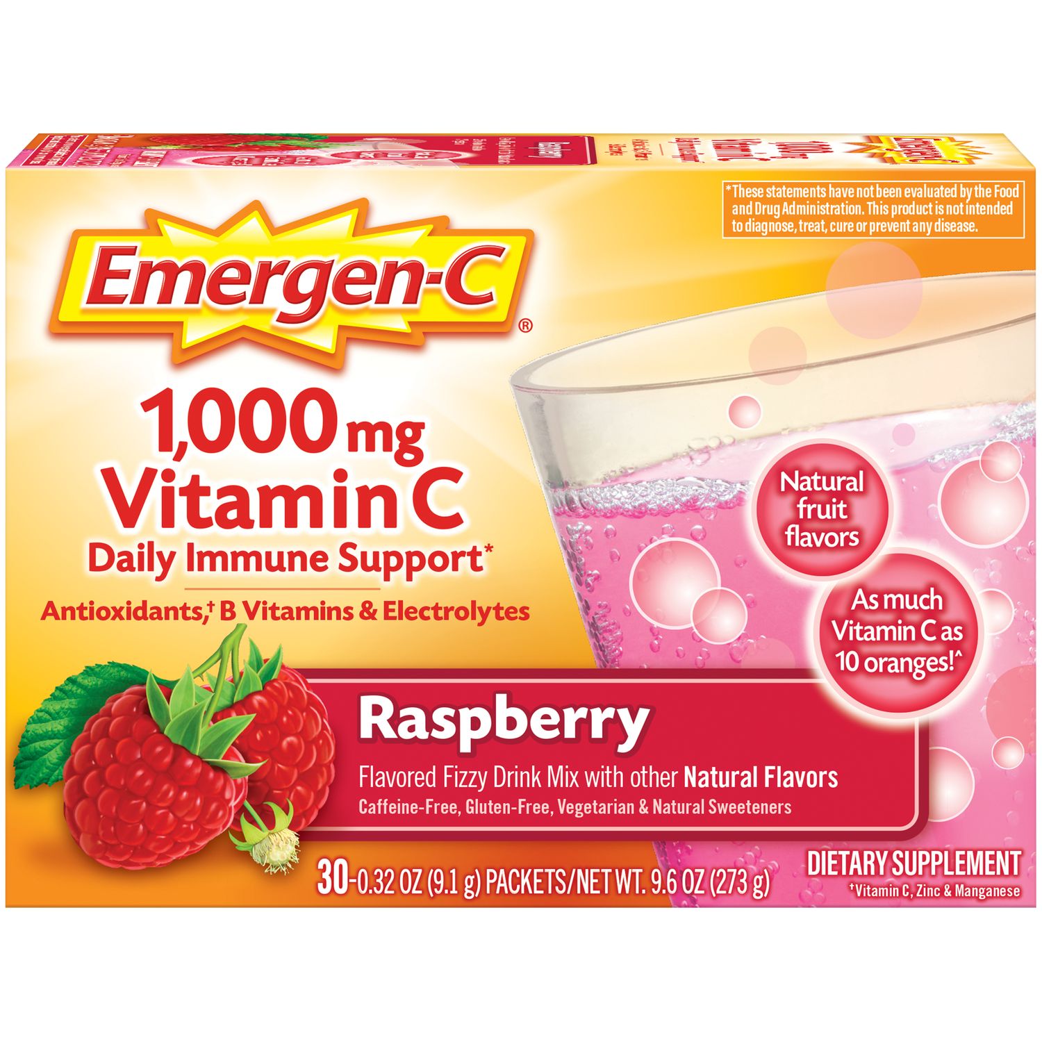 Emergen-C Daily Immune Support Drink with 1000 Mg Vitamin C, Antioxidants, & B Vitamins Raspberry - 0.32 Oz X 30 Pack