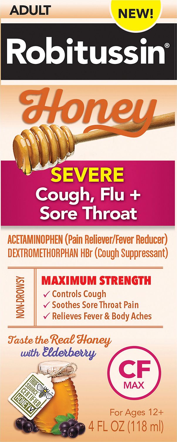 Robitussin 4 Oz. Adult Maximum Strength Severe Cough Flu + Sore Throat Medicine in Honey