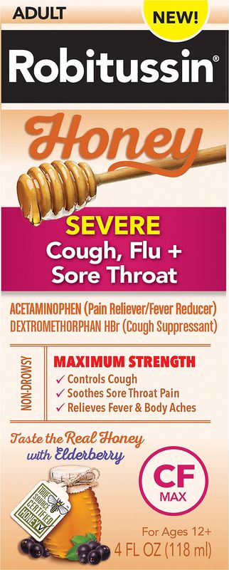 Robitussin 4 Oz. Adult Maximum Strength Severe Cough Flu + Sore Throat Medicine in Honey