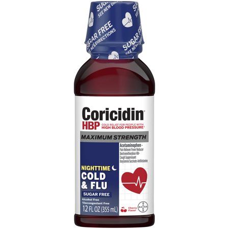 Coricidin HBP Cold & Flu Medicine  Sugar Free Night Liquid  Cherry  12 Fl Oz