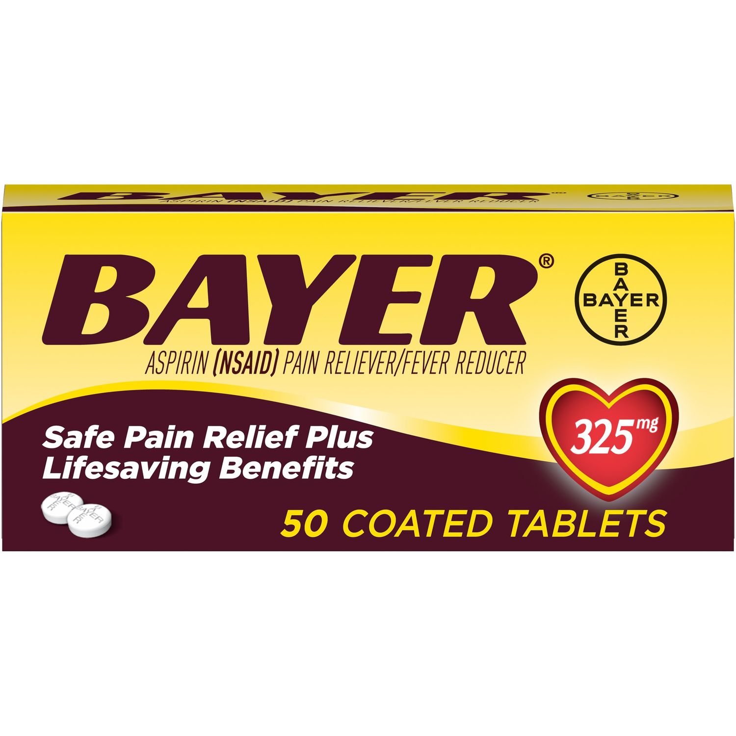 Bayer 325 Mg Coated Tablets Pain Reliever Fever Reducer - 50.0 Ea