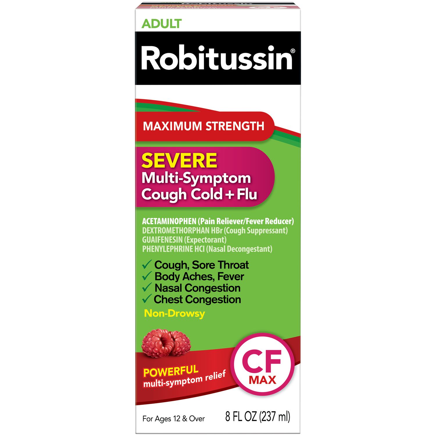 Robitussin Maximum Strength Adult Maximum Strength Severe Multi-Symptom Cough Cold + Flu CF Raspberry - 8.0 Oz