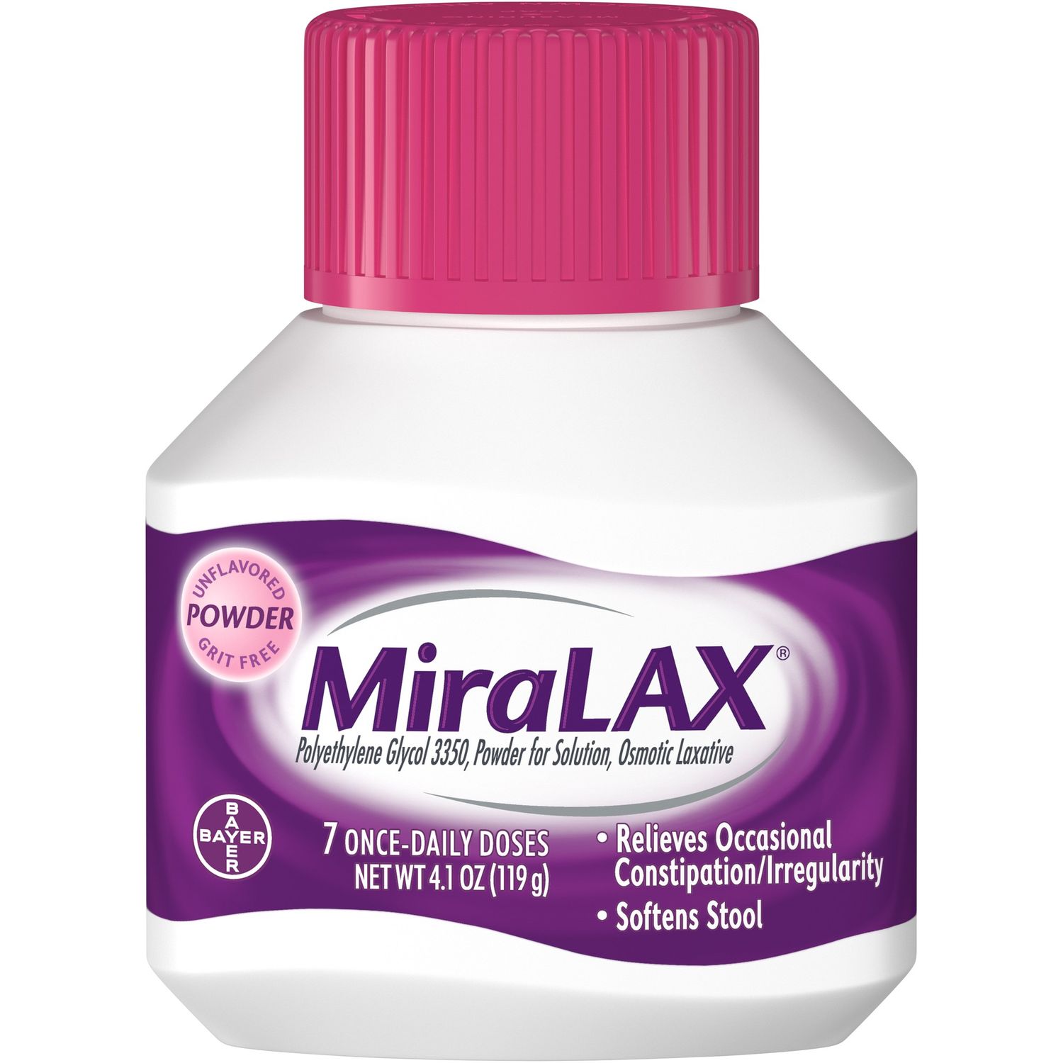 MiraLAX 7 Dose Powder Laxative- Polyethylene Glycol 3350 (PEG 3350) Unflavored - 4.1 Oz