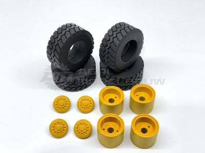 Complete set brede Goodyear 600/65R25 GP-3D banden incl velgen &amp; planeetkappen Volvo geel