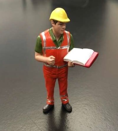 Gerard inspecting work.Orange safety jacket with helmet Hand painted detailed diorama figure in overall