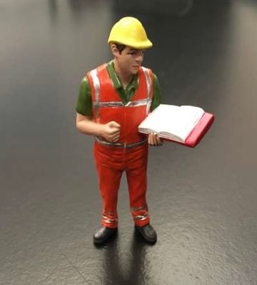 Gerard inspecting work.Orange safety jacket with helmet Hand painted detailed diorama figure in overall