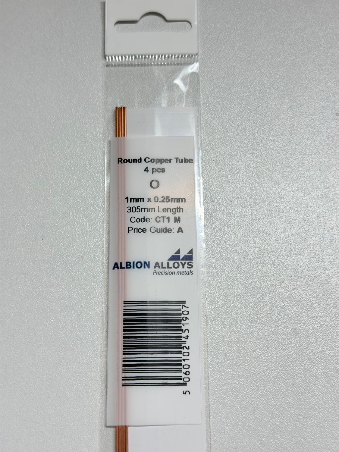 4x koper buis Ø 1,0x0,30mm L305mm Albion Alloys