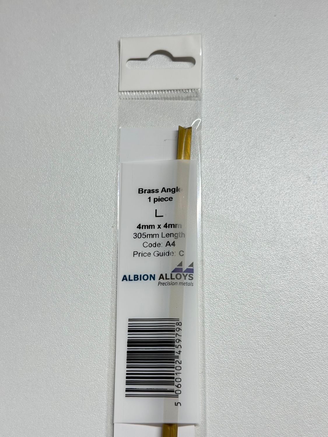 1x messing L profiel 4x4mm L305mm Albion Alloys