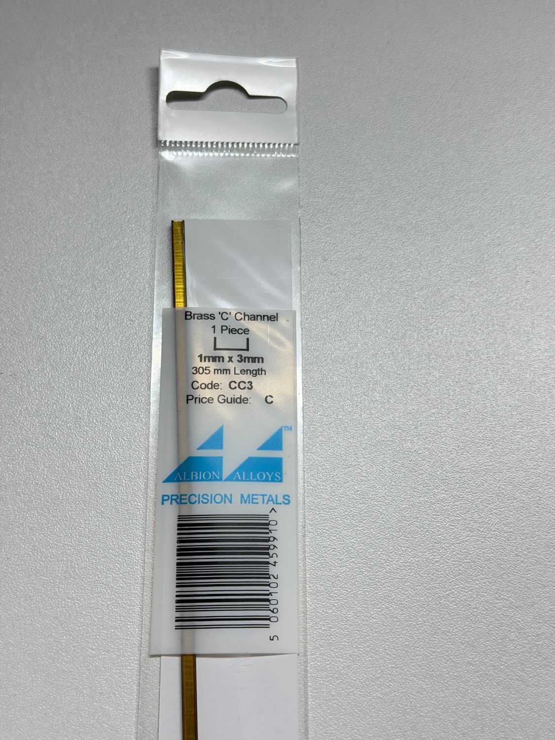 1x Messing C profiel 1x3,0x1mm L305mm Albion Alloys
