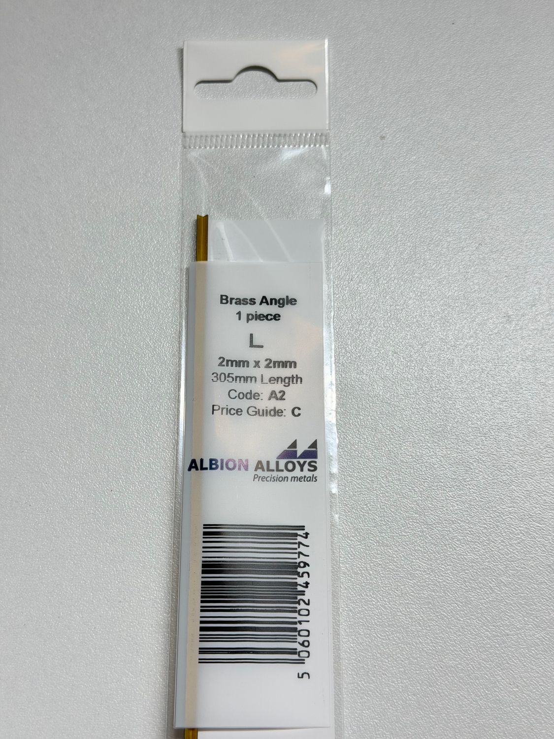 1x messing L profiel 2x2mm L305mm Albion Alloys