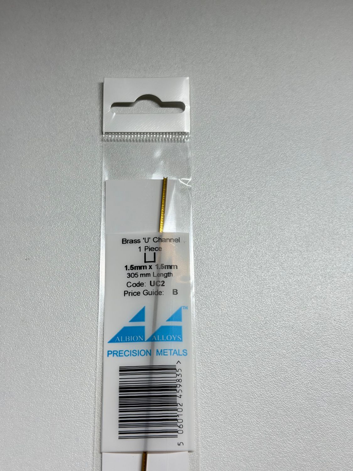 1x messing U profiel 1,5x1,5x1,5mm L305mm Albion Alloys