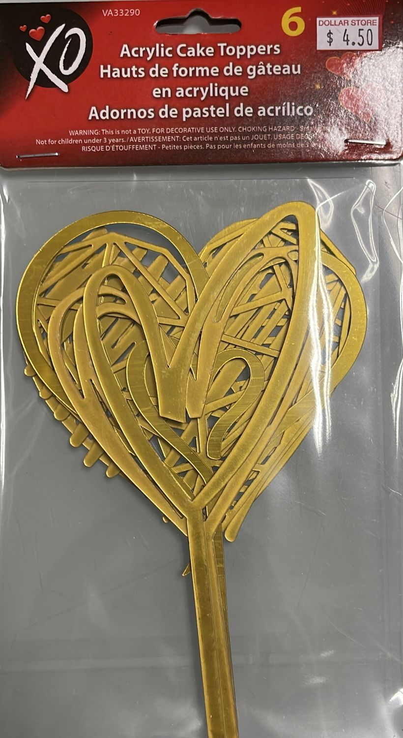 6pk Heart Shaped Gold Acrylic Cake Toppers