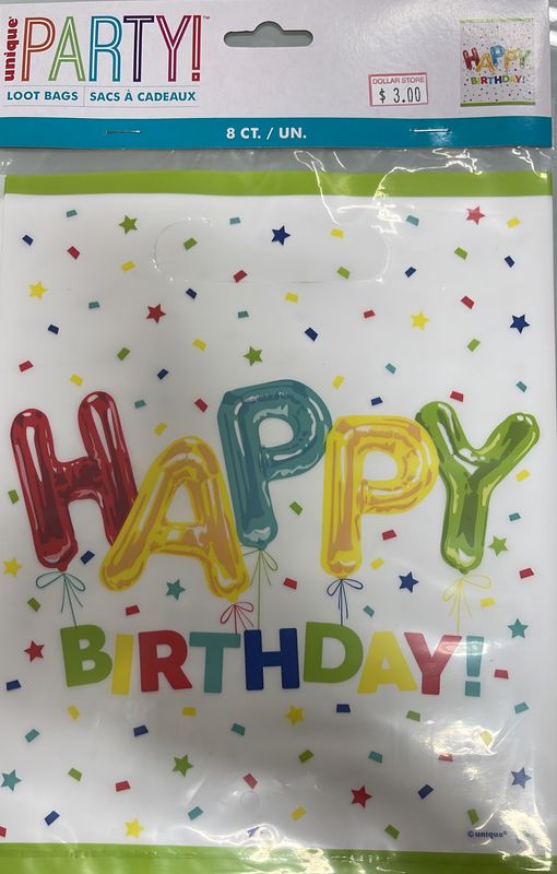 Unique: 8pk &quot;Happy Birthday&quot; Party Loot Bags