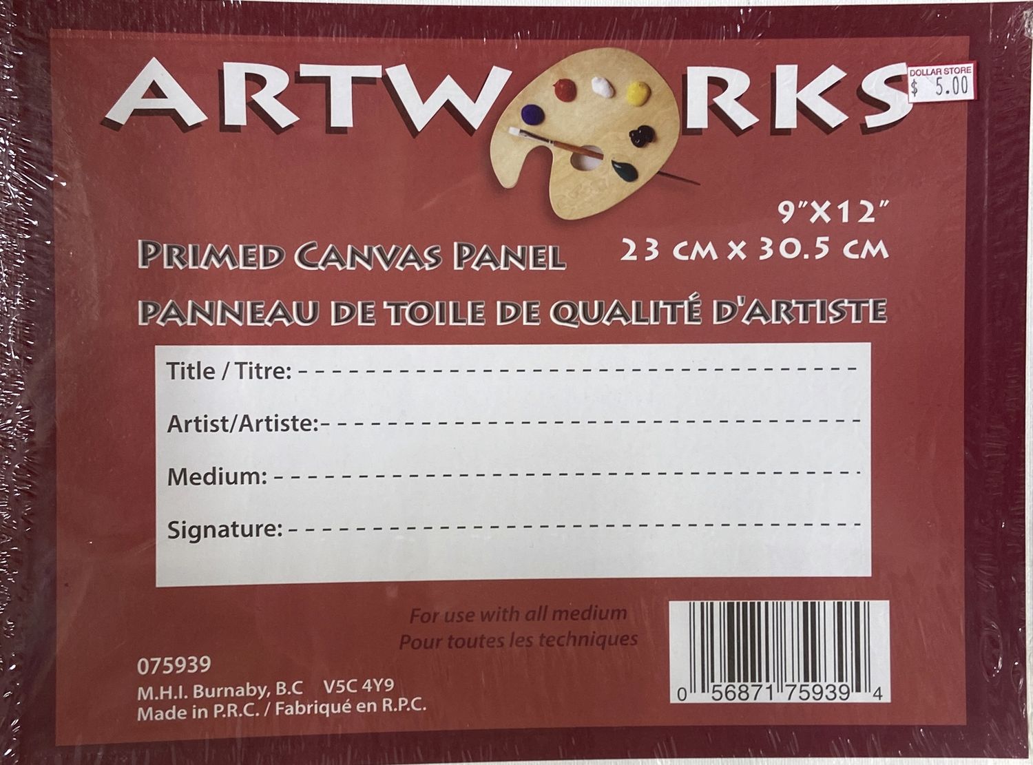 M.H.I: 9&quot; x 12&quot; Primed Canvas Panel