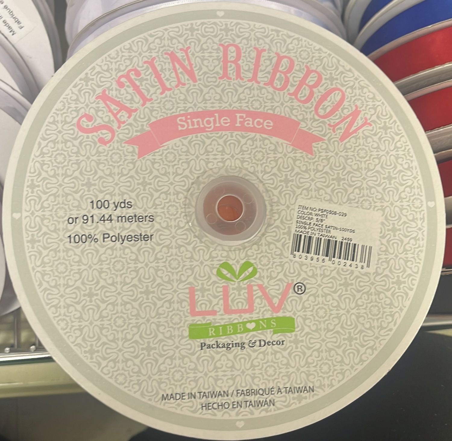 Single Face Satin Ribbon (White 5-8&quot; 100yds)