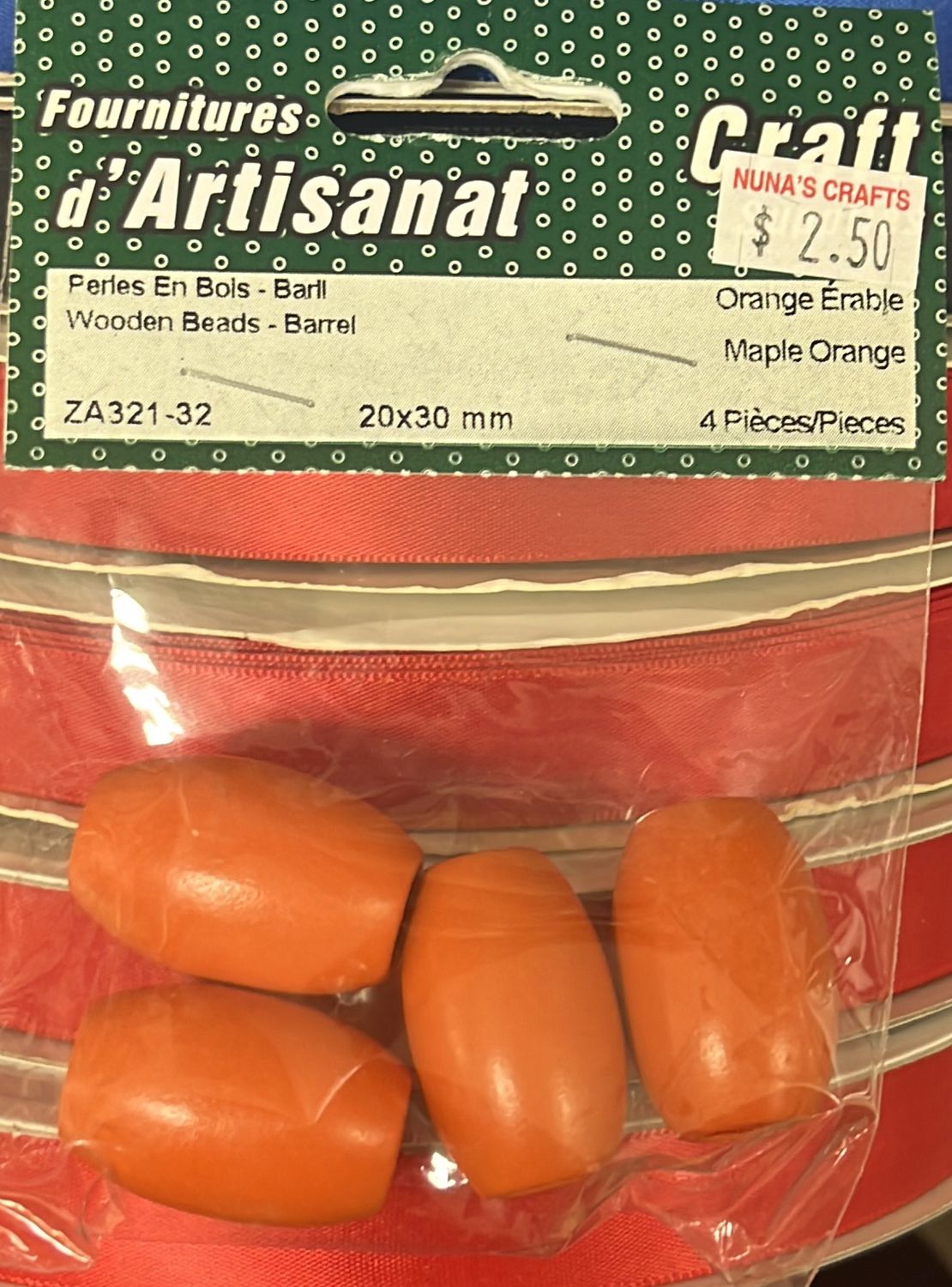 MultiCraft: Wooden Beads-Barrel-4pc-20x30-Orange ZA321-32