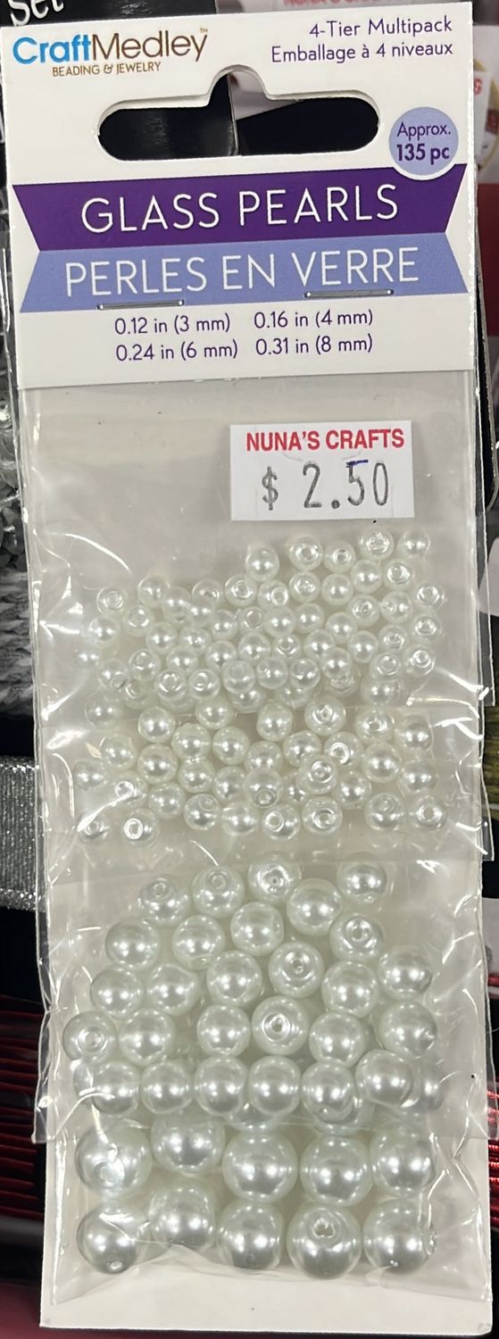 MultiCraft: 135pc x 4 Sizes Pearl White Glass Pearls (BD414B)