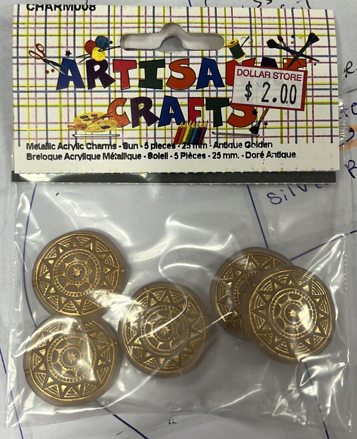 Ugarit: Metallic Acrylic Charms - sun - 5 pieces - 25 mm - Antique Golden CHARM008