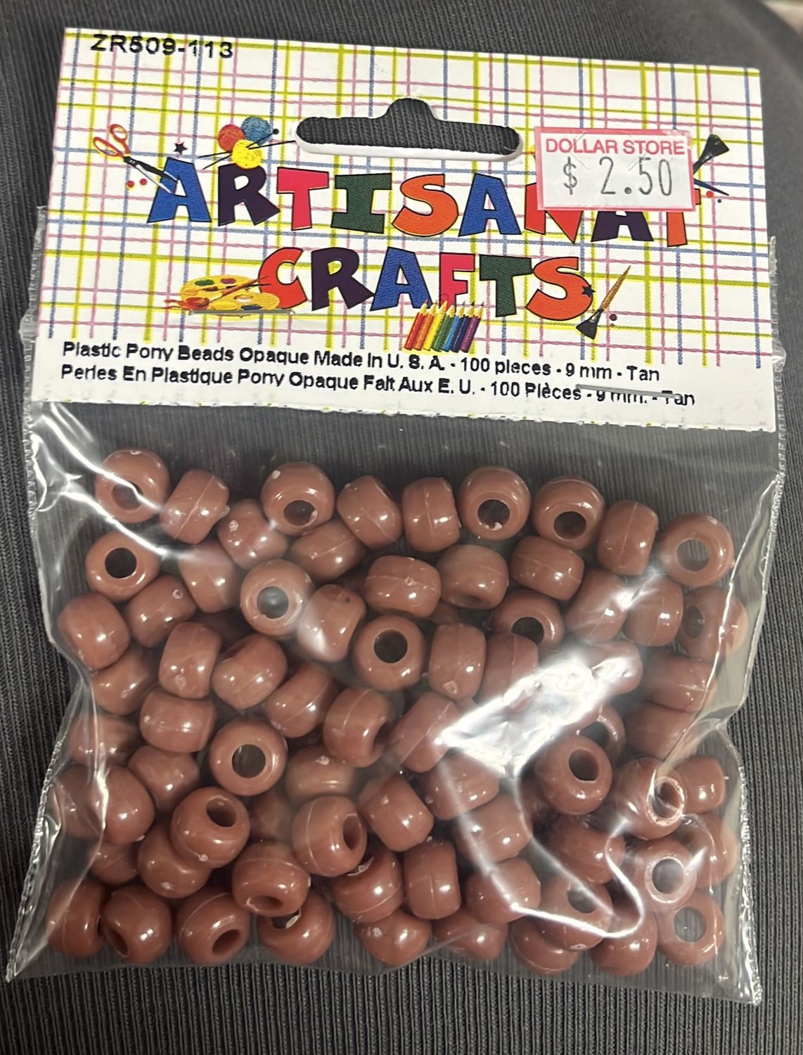 Plastic Pony Beads Opaque Made In U. 8. A. - 100 pleces -9 mm - Tan