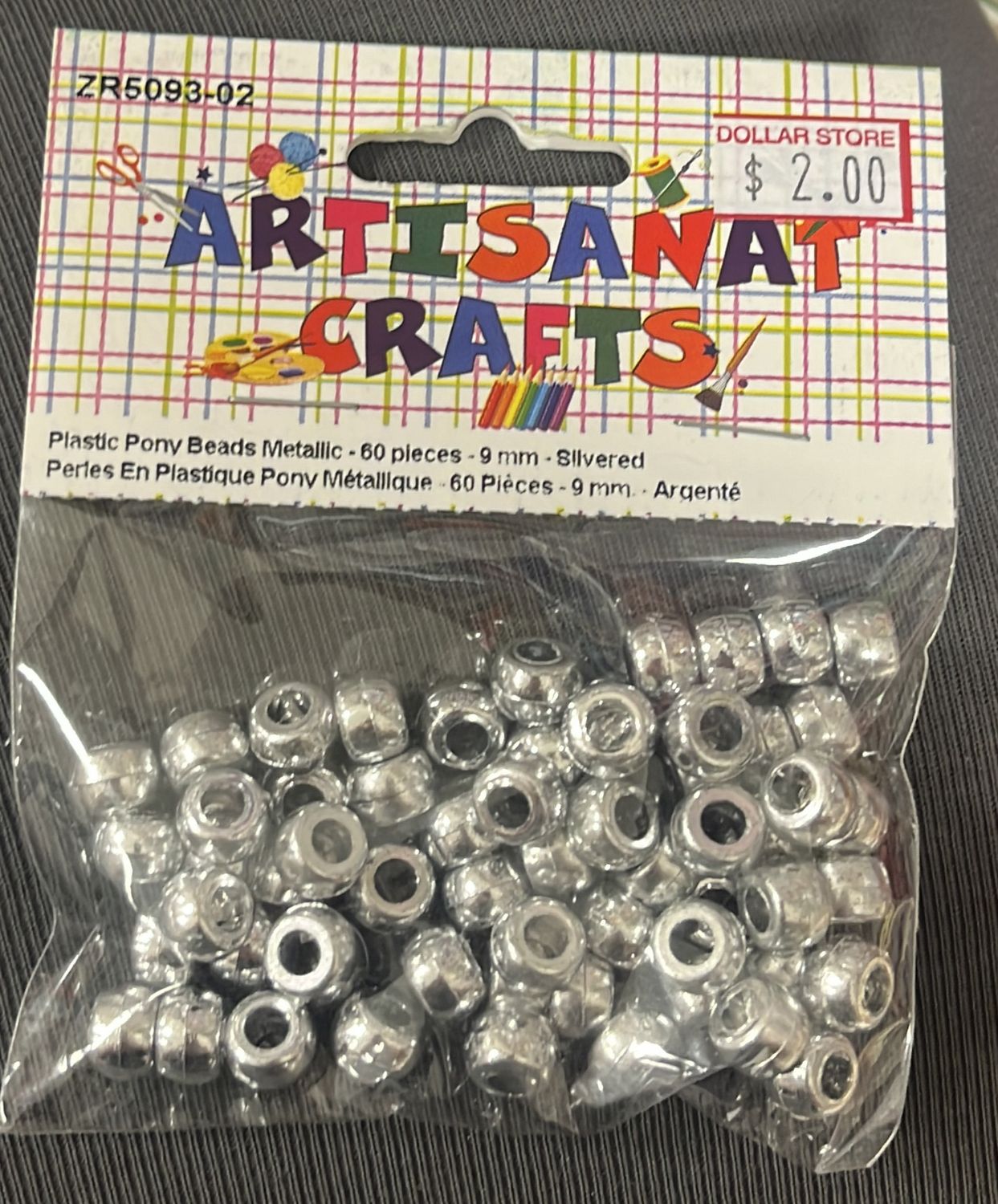 Ugarit: Plastic Pony Beads Metallic - 60 pieces - 9 mm - Silvered