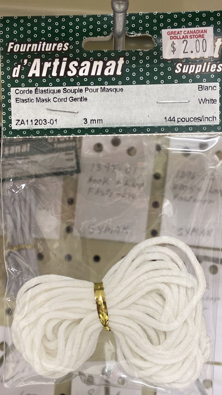 Ugarit: White 3mm Elastic Mask Cord  144&quot;