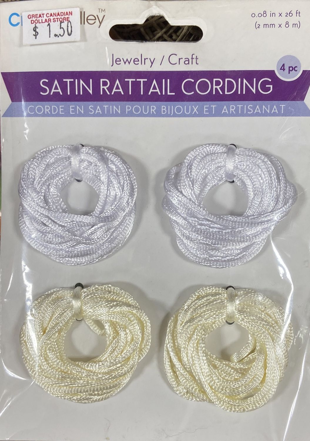 CraftMedley: 4x White/Cream Mix Satin Rattail Cording