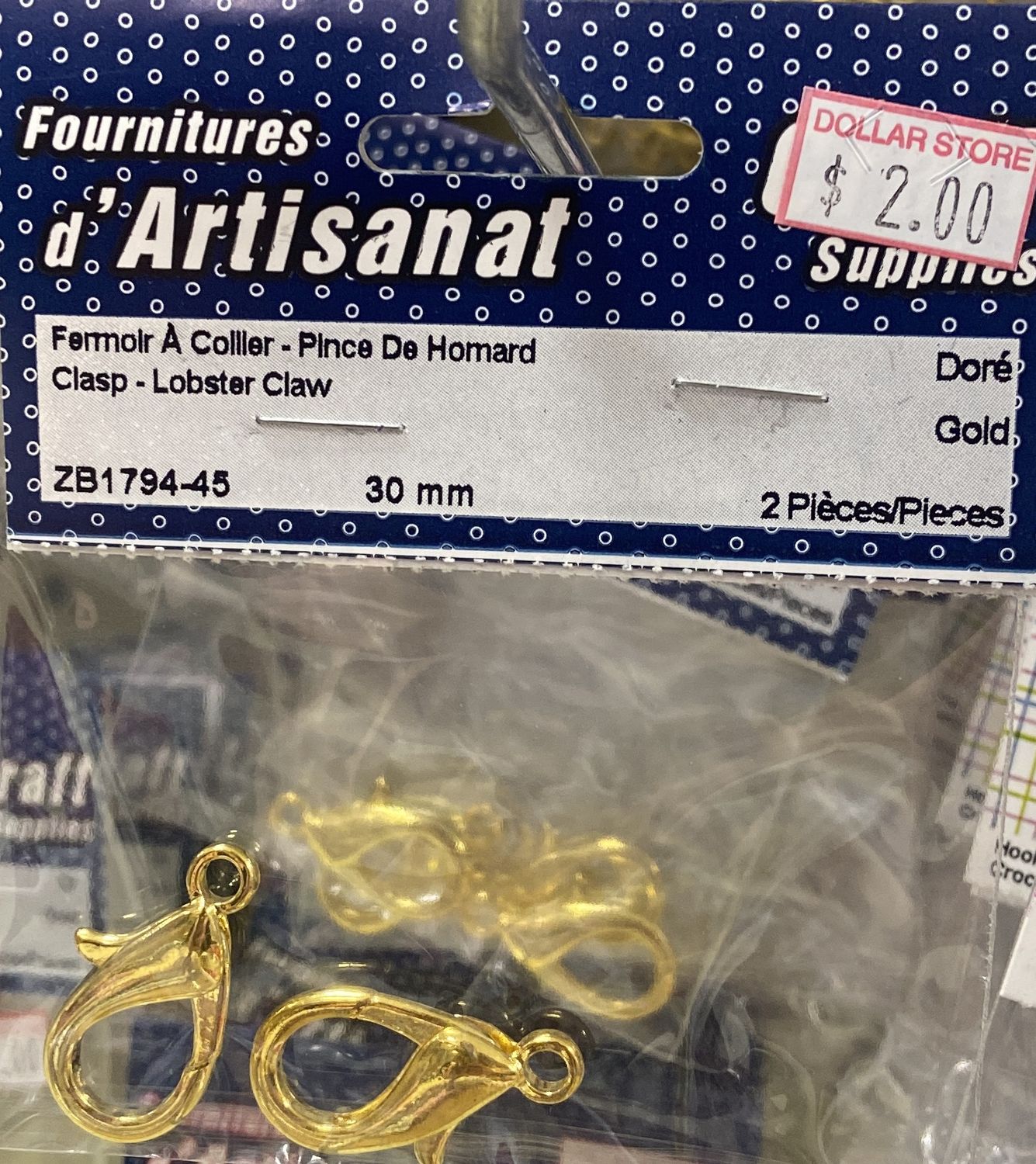 2pk Gold 30mm Lobster Claw Clasps