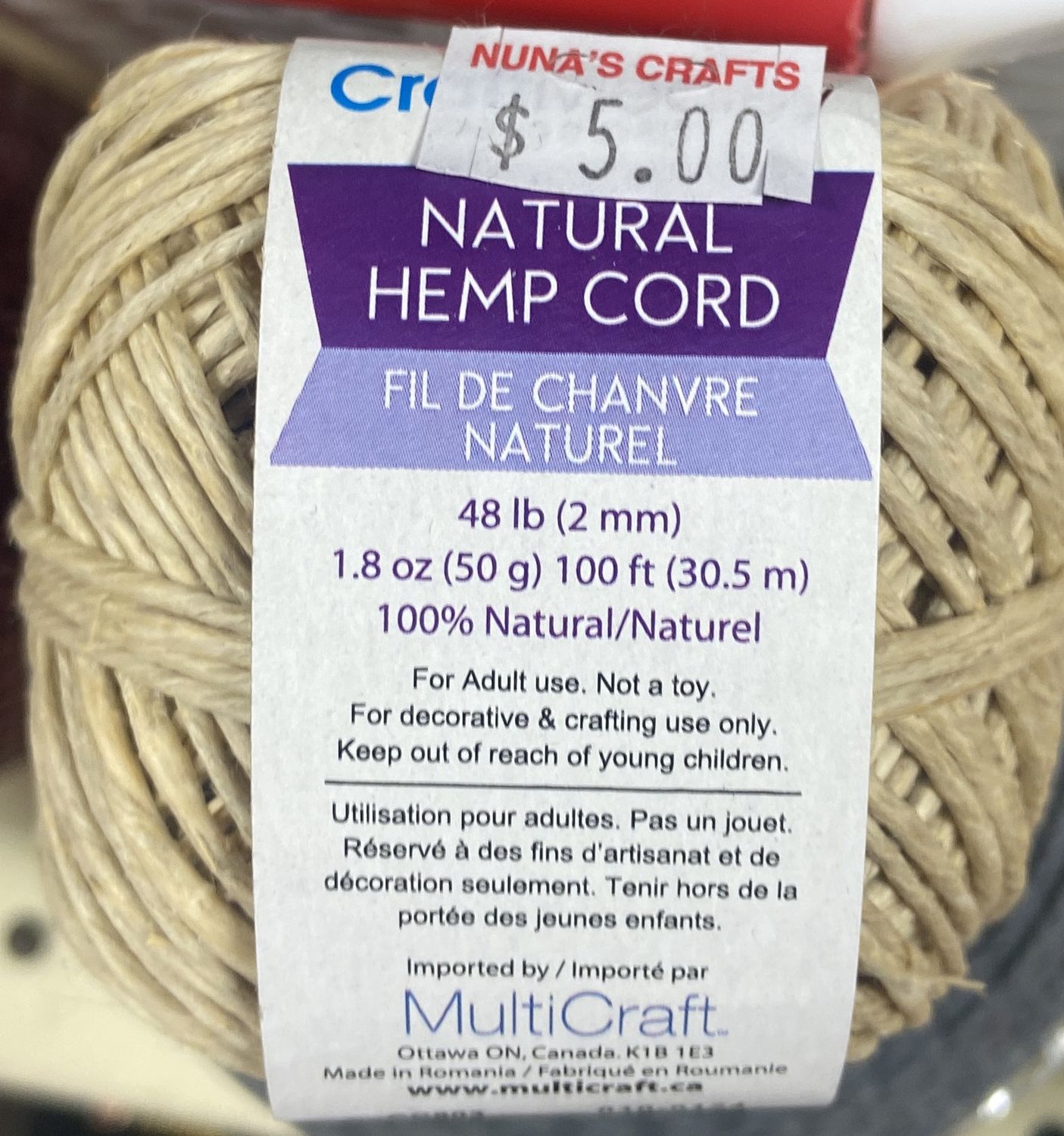 CraftMedley: 48lb(2mm) Natural Hemp Cord 100ft