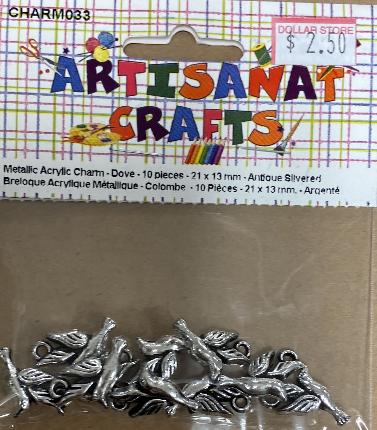 Ugarit: 10x Antique Silver 21x13mm Dove Metallic Acrylic Charms