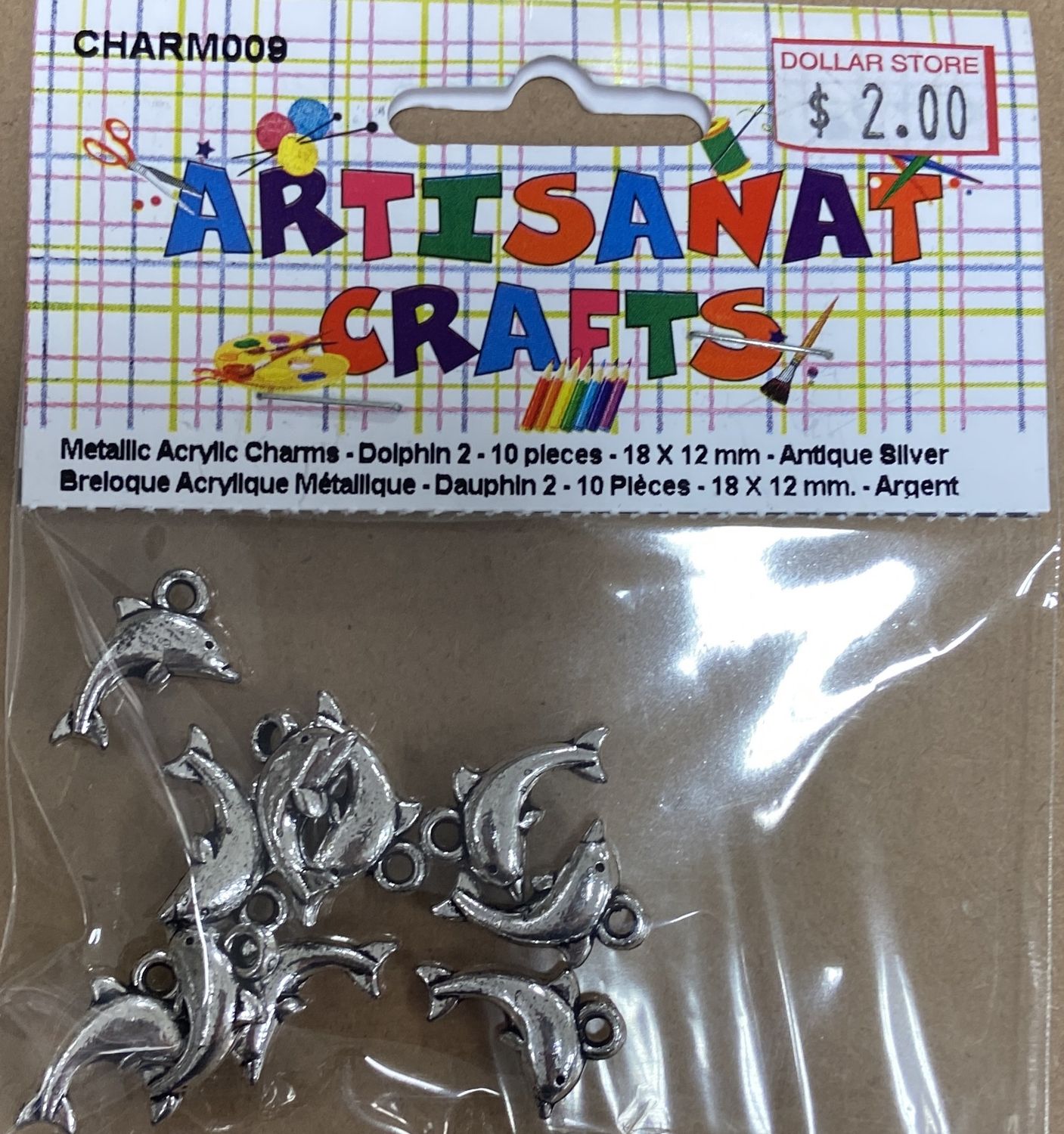 Ugarit: 10x Antique Silver 18x12mm “Dolphin 2” Metallic Acrylic Charms