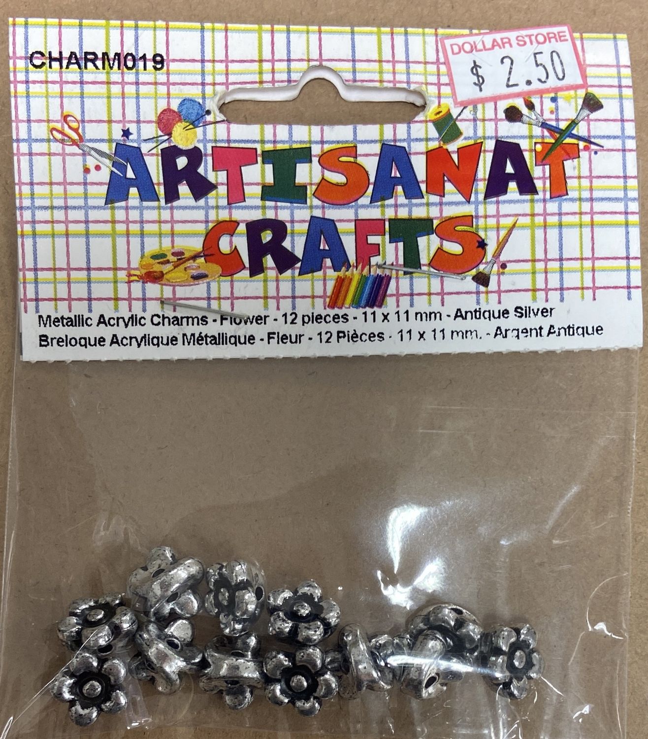 Ugarit: 12x Antique Silver 11x11mm Flower Metallic Acrylic Charms