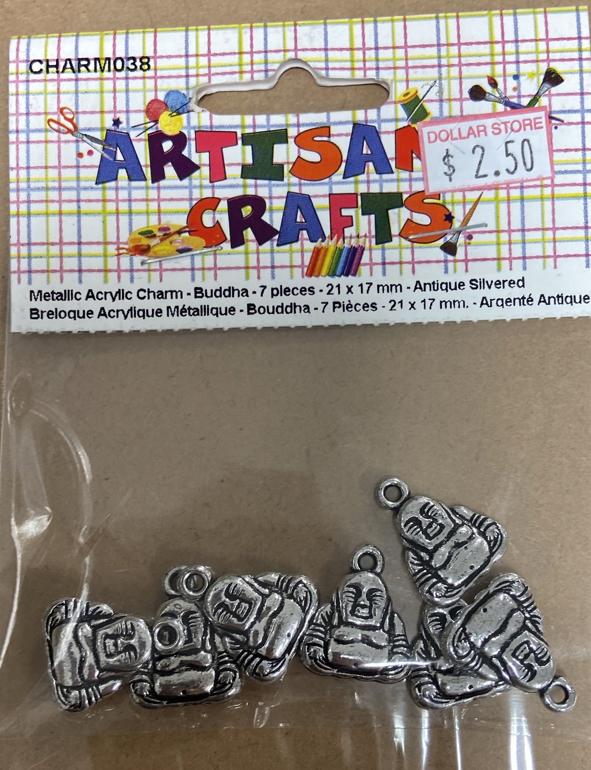 Ugarit: 7x Antique Silver 21x17mm Buddha Metallic Acrylic Charms