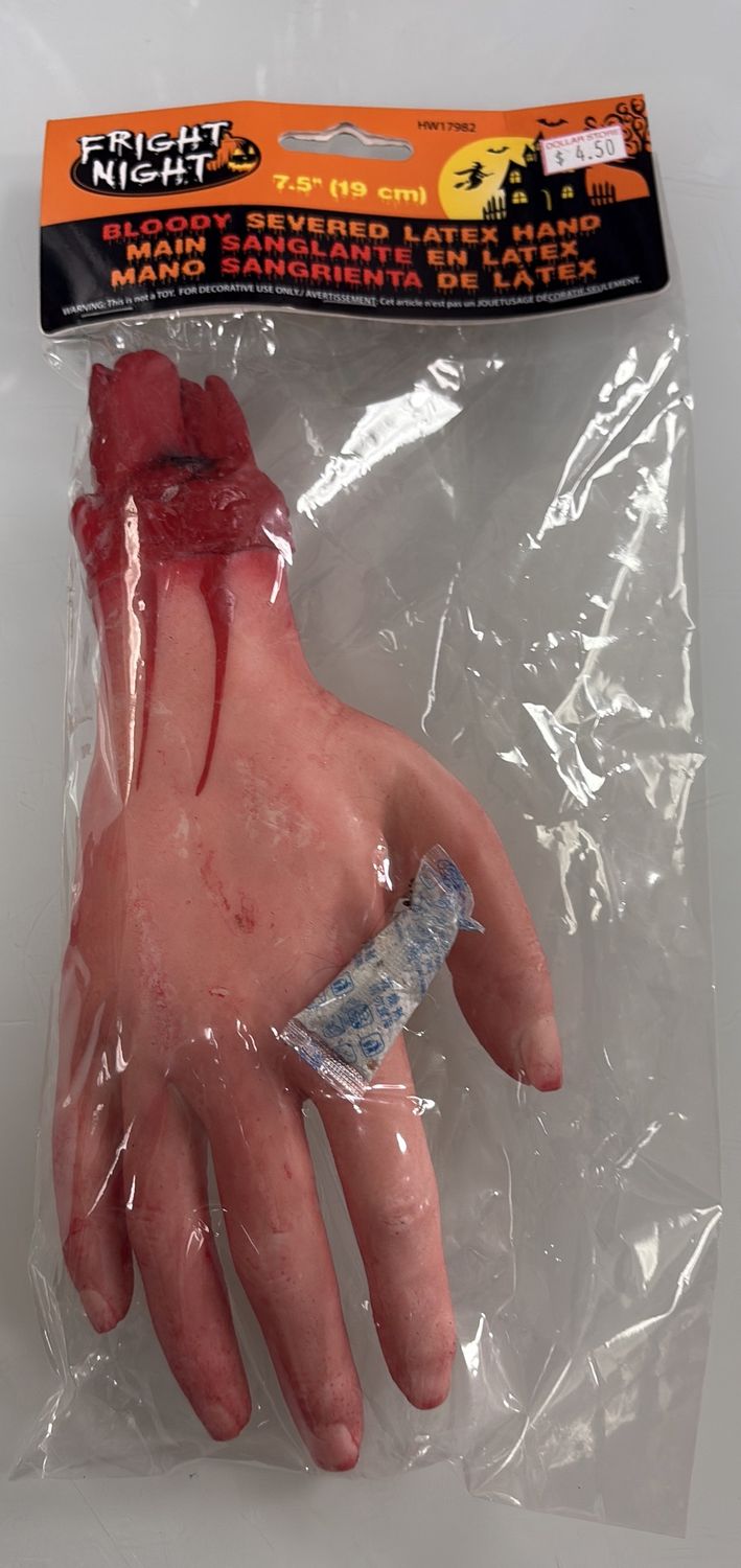 Bloody severed latex hand