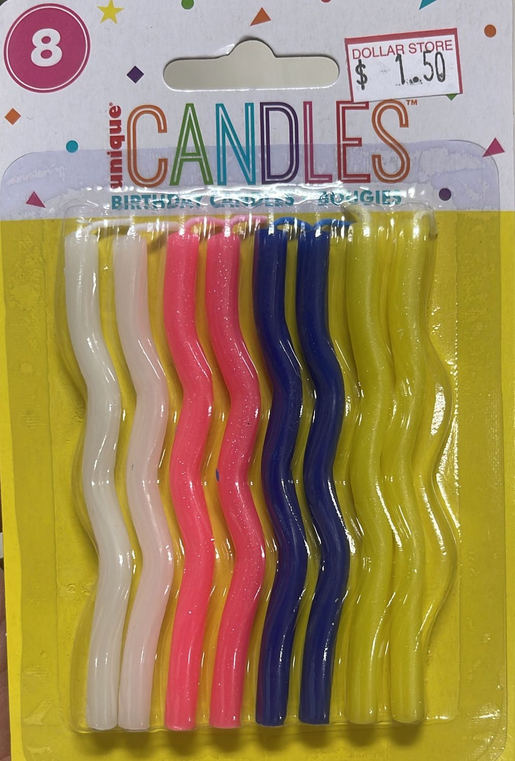 Unique: 8pk Assorted Color Wiggly Candles #71180